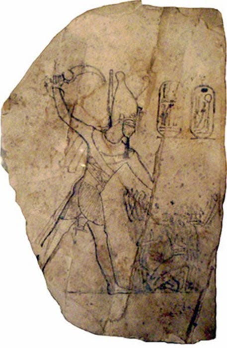 Ramses IV subduing his enemies by brandishing a jepesh (khopesh) in his right hand. Ostracon. Boston Museum of Fine Arts. (CC BY-SA 2.5) Ramses IV subduing his enemies by brandishing a jepesh (khopesh) in his right hand. Ostracon. Boston Museum of Fine Arts. (CC BY-SA 2.5)
