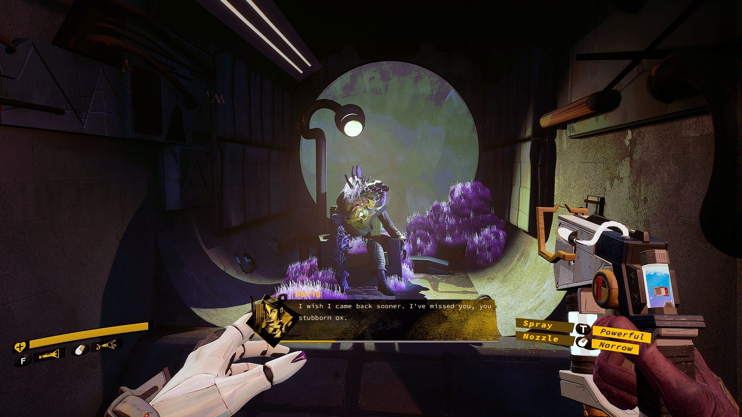 Video game screenshot showing the first person view of a woman approaching a corpse in a chair. The words of our character are shown on screen: "I wish I came back sooner. I've missed you, you stubborn ox."