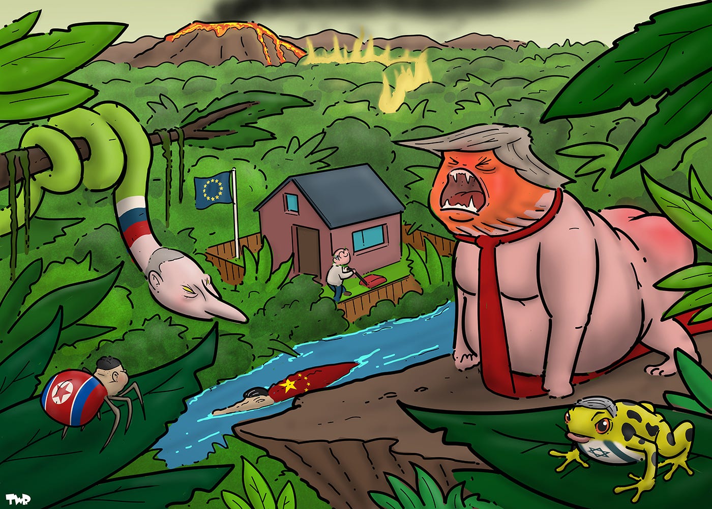 Cartoon showing a jungle with dangerous animals. An ape looks a lot like Donald Trump, while a snake has a head resembling Putin. A poisonous frog looks a lot like Netanyahu, while a large spider has the head of Kim Jong Un. In a river swims a crocodile with the head of Xi Jinping. A house in the middle of the jungle has a walled garden and a flagpole with a European flag in it. A man is mowing the lawn as he looks at the various dangerous animals surrounding him.