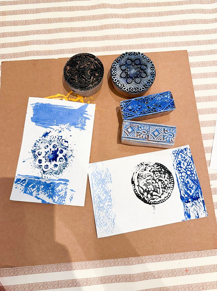 Left: woodblock prints I bought in Delhi; Right: art my students made using the woodblocks