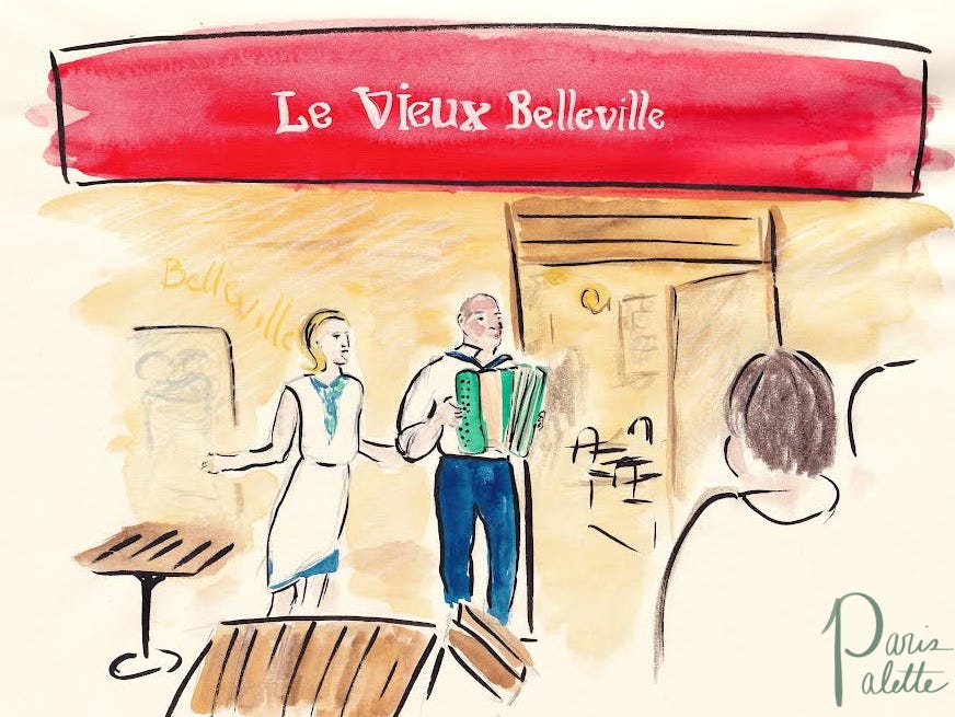 Illustration of a man playing an accordion and a woman singing in front of a bar in Pari on June 21 Illustration of a man playing an accordion and a woman singing in front of a bar in Pari on June 21