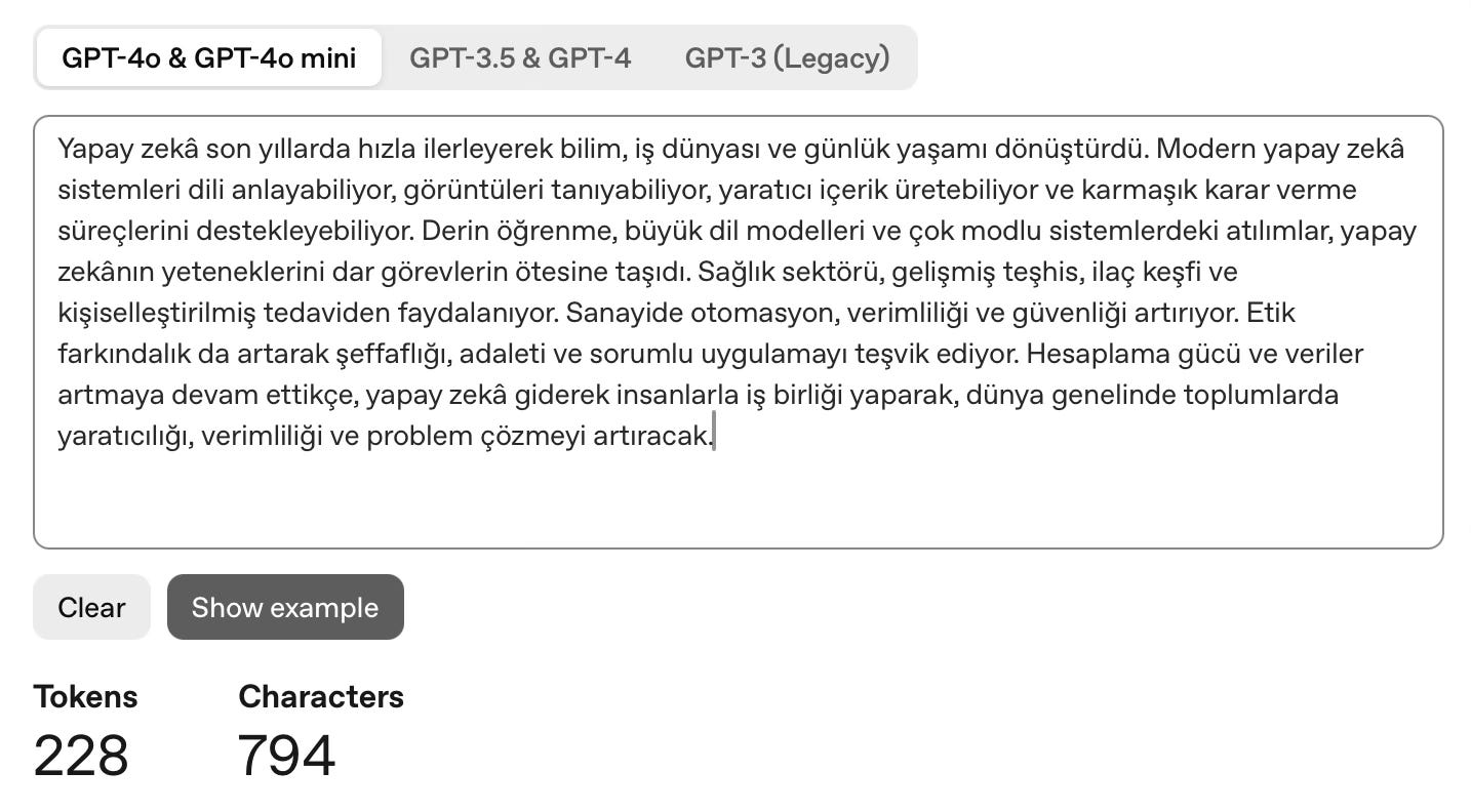 OpenAI GPT-4o tokenizer processing Turkish text showing 228 tokens and 794 characters