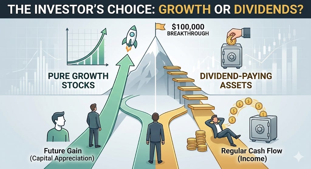 Investor choosing between pure growth stocks and dividend paying assets for their first $100K.