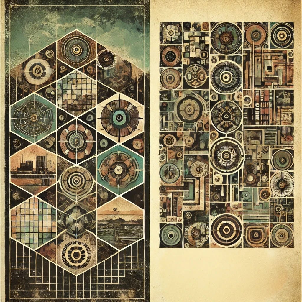Create an old-timey, abstract image based on the previous design for 'The Horrors We Compartmentalize'. The image should have a central theme of a complex, interlocking geometric pattern that represents compartmentalization, with abstract forms symbolizing themes like industrialization, war, and environmental destruction. The background should evoke a vintage, distressed texture, adding a sense of age and weariness. The color palette should be muted, earthy tones, emphasizing a somber, reflective mood. Exclude any text from the design.