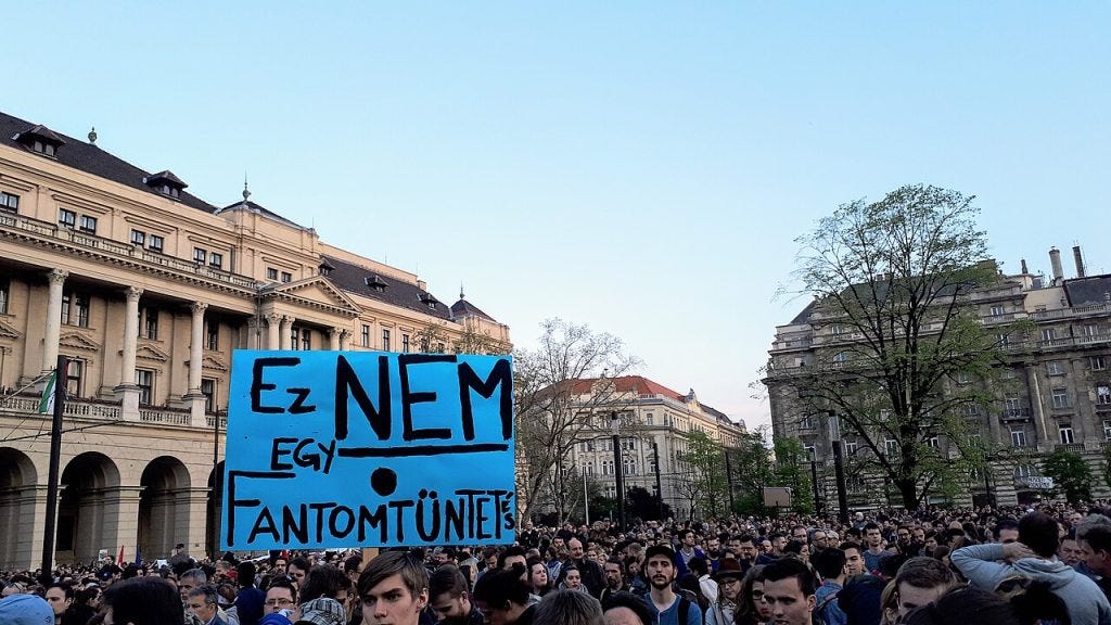 Protest against legislation targeting Central European University near the Hungarian Parliament in Budapest in April 2017
