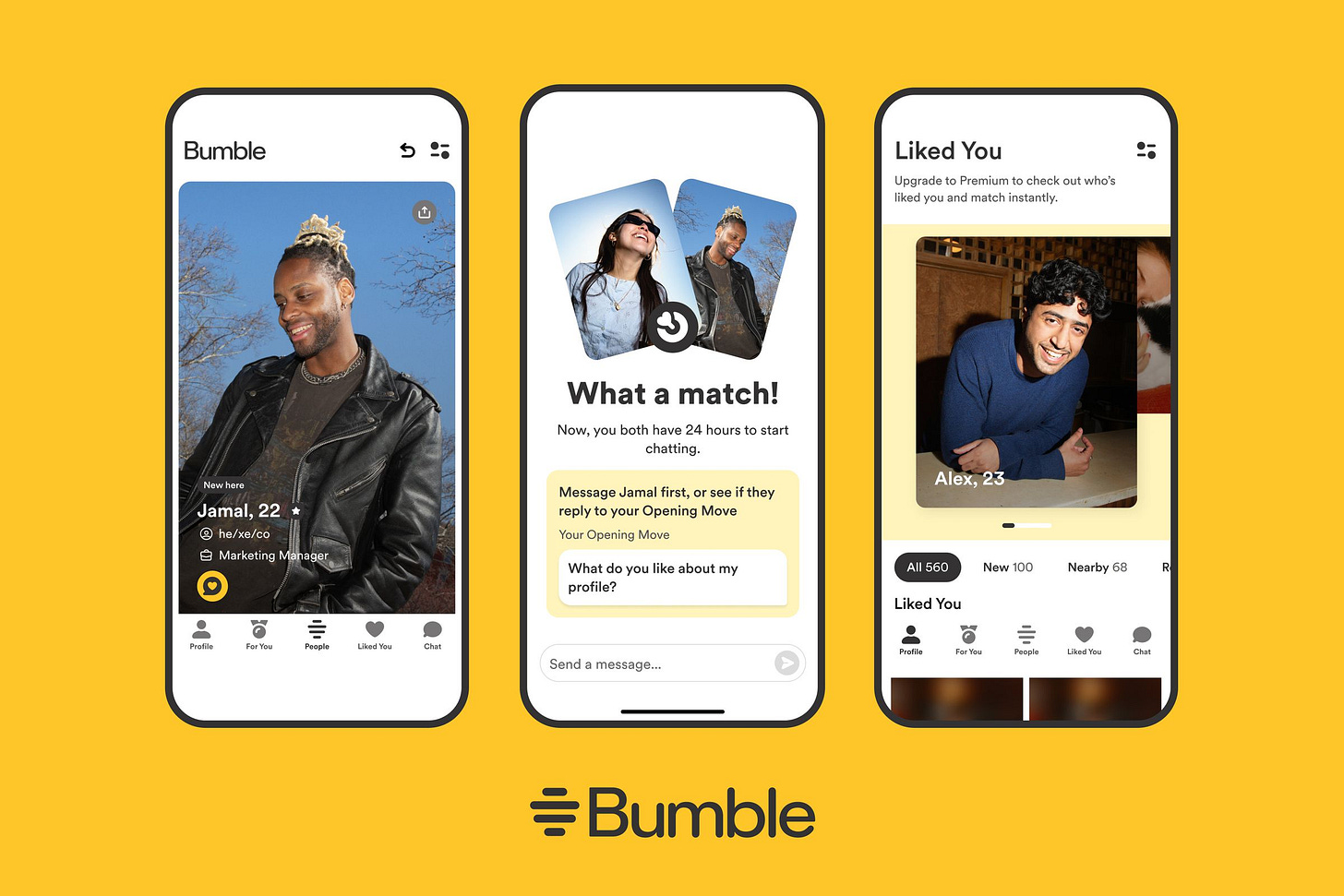 A series of three images showing Bumble’s redesigned app