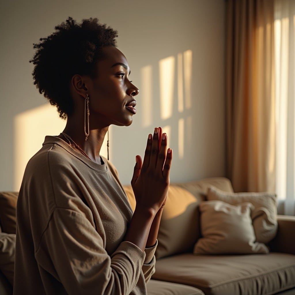 Provide me a realistic image of an African American woman in relaxed clothing praying in the middle of her living room