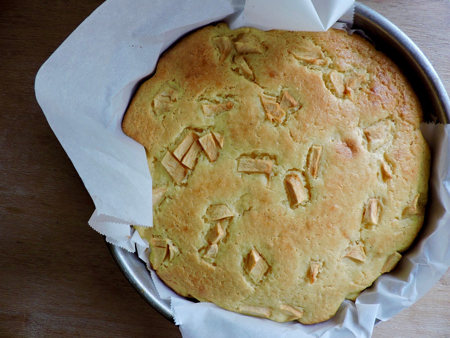   Almond Apple:  Swap in 3/4 cup sour cream for an equal part of the ricotta, add 1/2 tsp almond extract to the wet ingredients (more if you want a pronounced flavor), and use peeled and chopped apples for the fruit. Cut the apple pieces small to ensure they cook through. The sour cream (and larger substitution of it) made the cake slightly less creamy than the full ricotta version, but the difference was small. This cake also improved as it sat, increasing in flavor and becoming more moist and dense in texture the following day. 