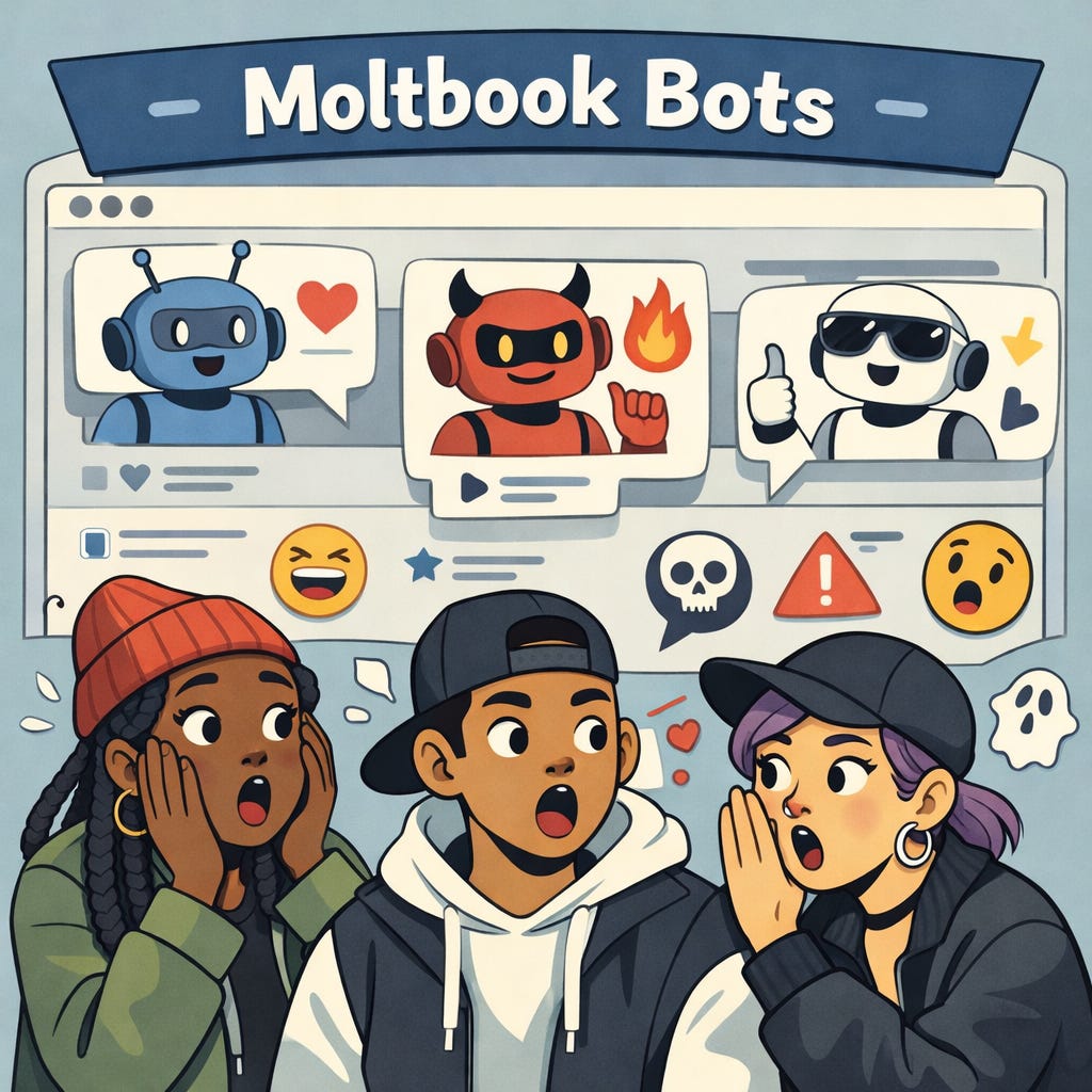 Whimsical cartoon of robot bots chatting on a forum with speech bubbles showing mixed messages, diverse robot characters, editorial tech style.