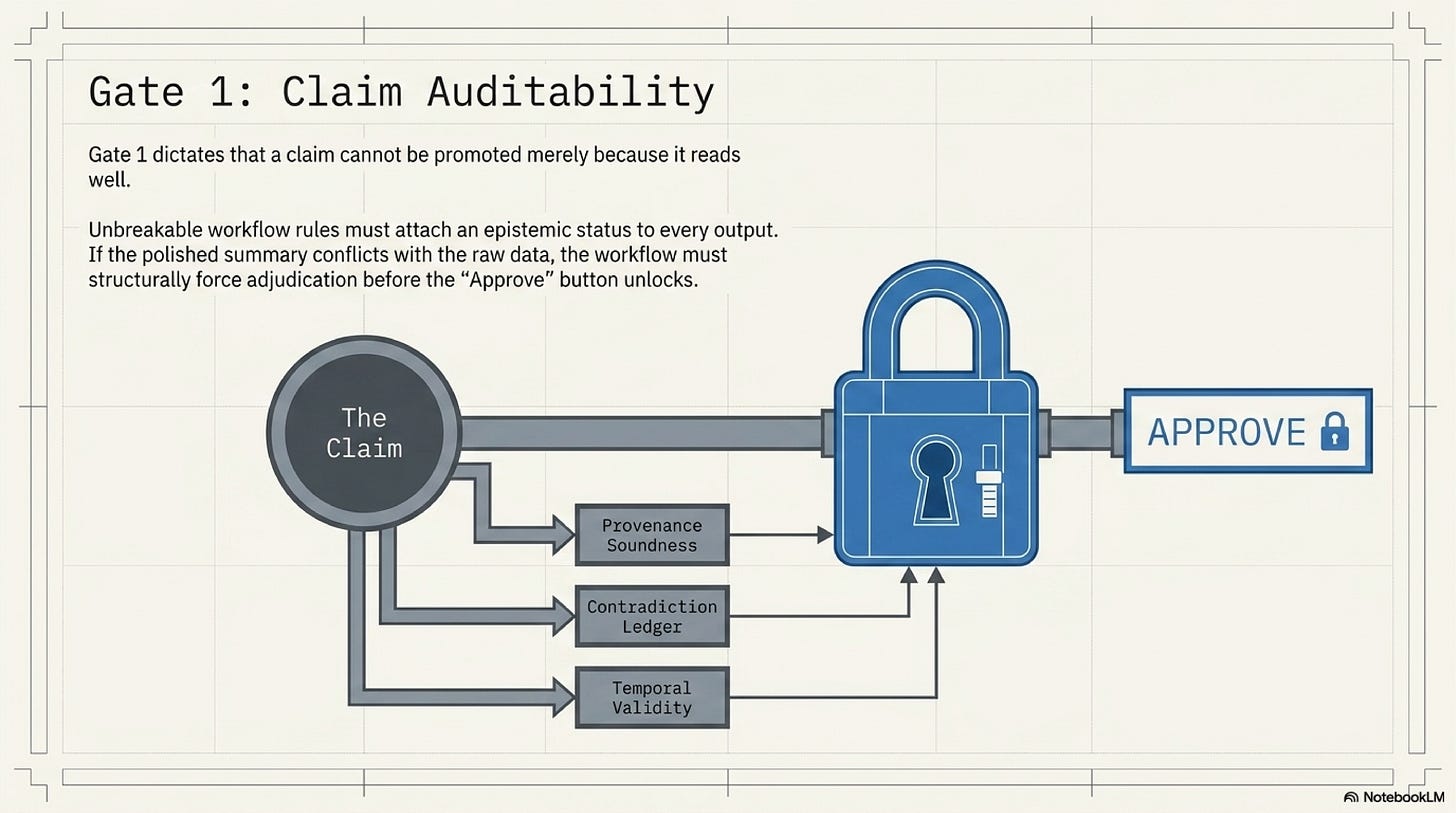 Gate 1: Claim Auditability. Tracing claims to contradiction-transparent evidence.
