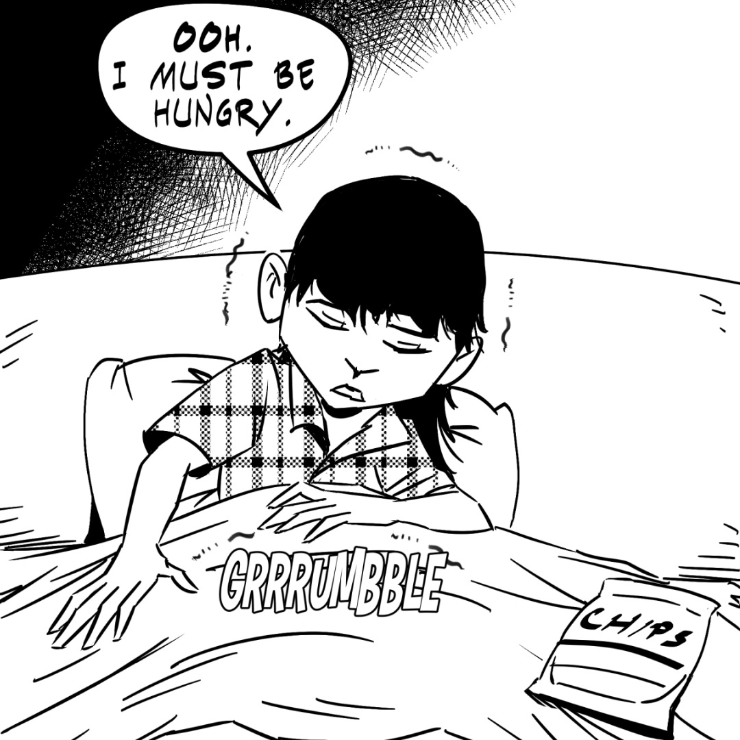 Zara lies in bed hearing her stomach rumble and thinks she’s hungry, but Omie explains it’s the body’s nighttime cleaning cycle, not hunger.