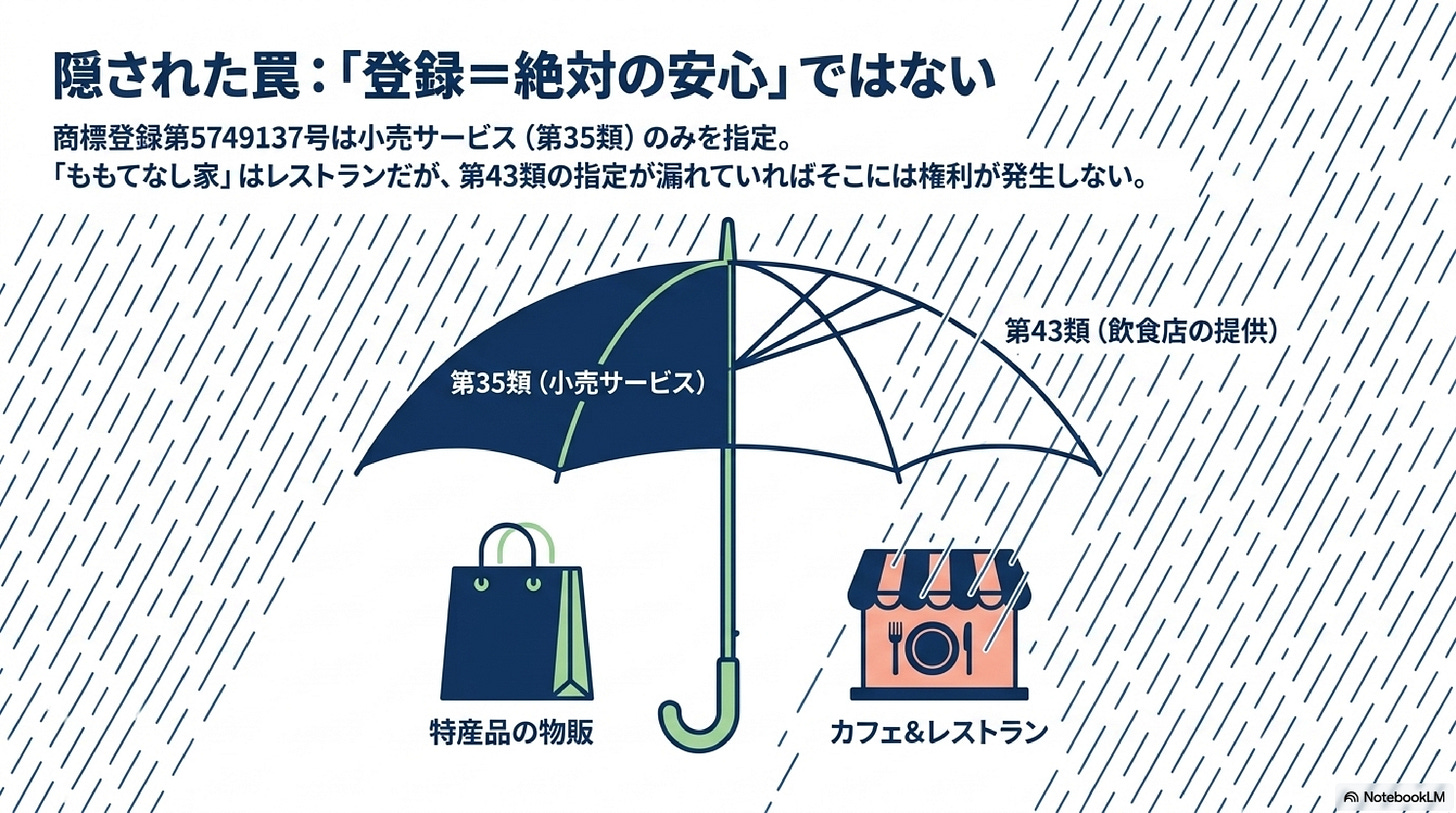 商標の指定区分の重要性を示す傘の図。第35類（小売サービス）の傘は特産品の物販を守るが、第43類（飲食物の提供）が抜けているためカフェ＆レストランは雨ざらしになっている