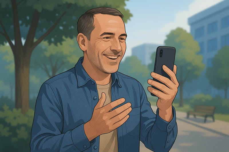 Ilustración digital realista horizontal que muestra a un hombre senior grabando contenido con su móvil en un entorno urbano con luz natural, transmitiendo autenticidad, confianza y la importancia de crear contenido honesto en internet desde la experiencia y la verdad.