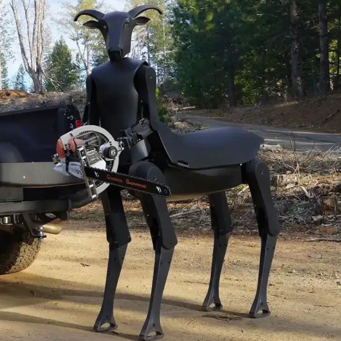 A huge black centaur/satyr like robot holding a chainsaw (except it doesn't have hands so I guess the chainsaw is its hands) standing in the woods