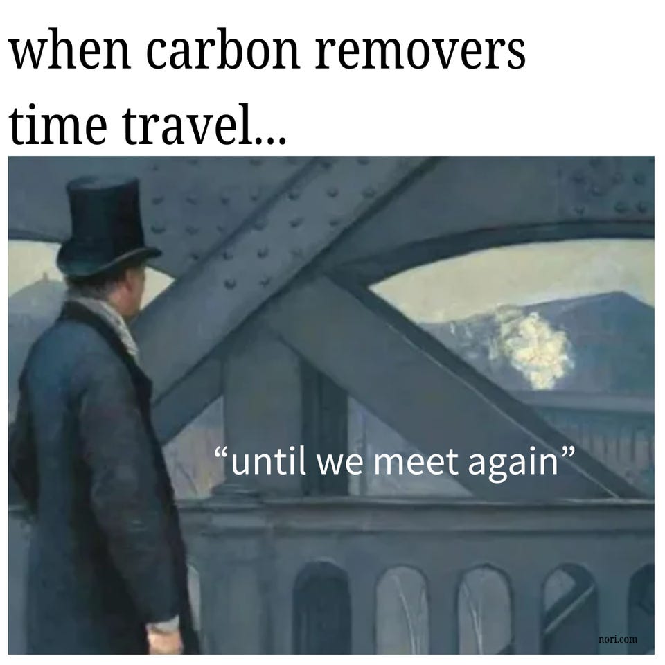"when carbon removers time travel..." above a painting of a man in a top hat on an iron bridge, with the subtitle "until we meet again."