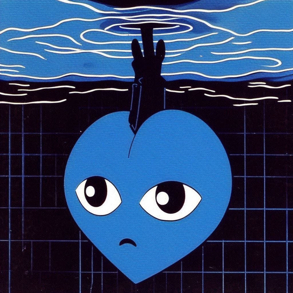 a still from a chic french-japanese cartoon from 1971 of an inverted upside-down neptune blue heart with a face and the saddest ocean blue eyes you've ever seen in a state of dissociated alienation in the style of the commes des garcons play logo hovering above an abyss
