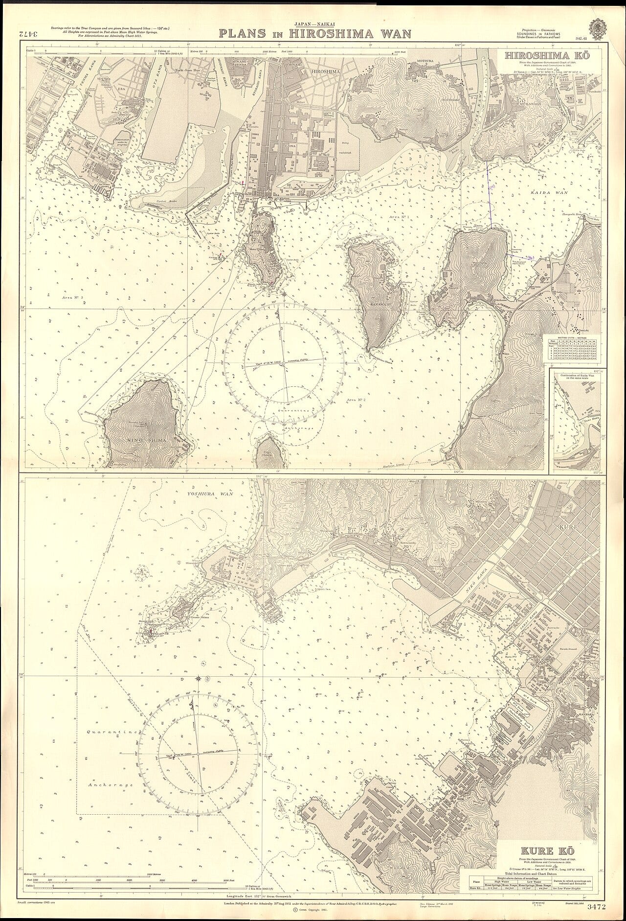 Hiroshima blast alloy — Admiralty Chart No. 3472, Plans in Hiroshima Wan, United Kingdom Hydrographic Office, 1961, public domain (Wikimedia Commons) Hiroshima blast alloy — Admiralty Chart No. 3472, Plans in Hiroshima Wan, United Kingdom Hydrographic Office, 1961, public domain (Wikimedia Commons)