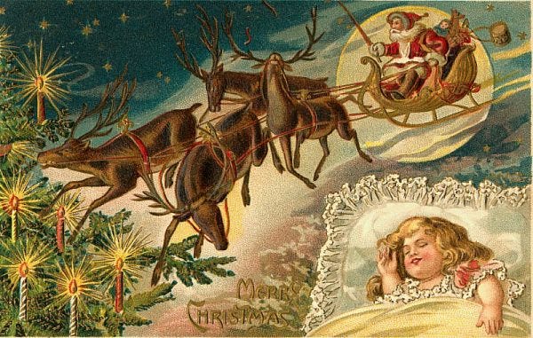 Santa Claus with the Reindeers Vintage Christmas Clip Art