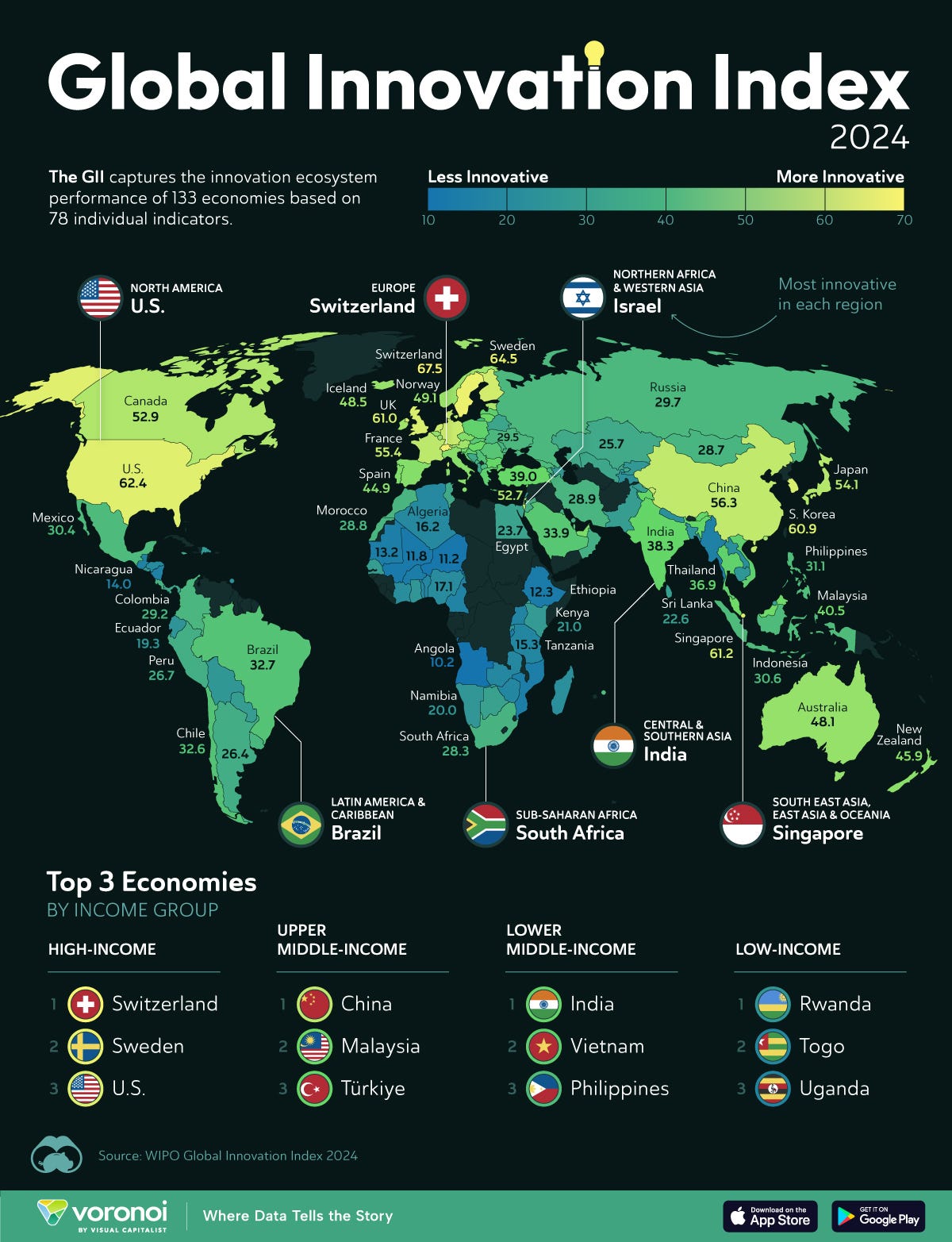 Map showing the world's most innovative countries in 2024 Map showing the world's most innovative countries in 2024
