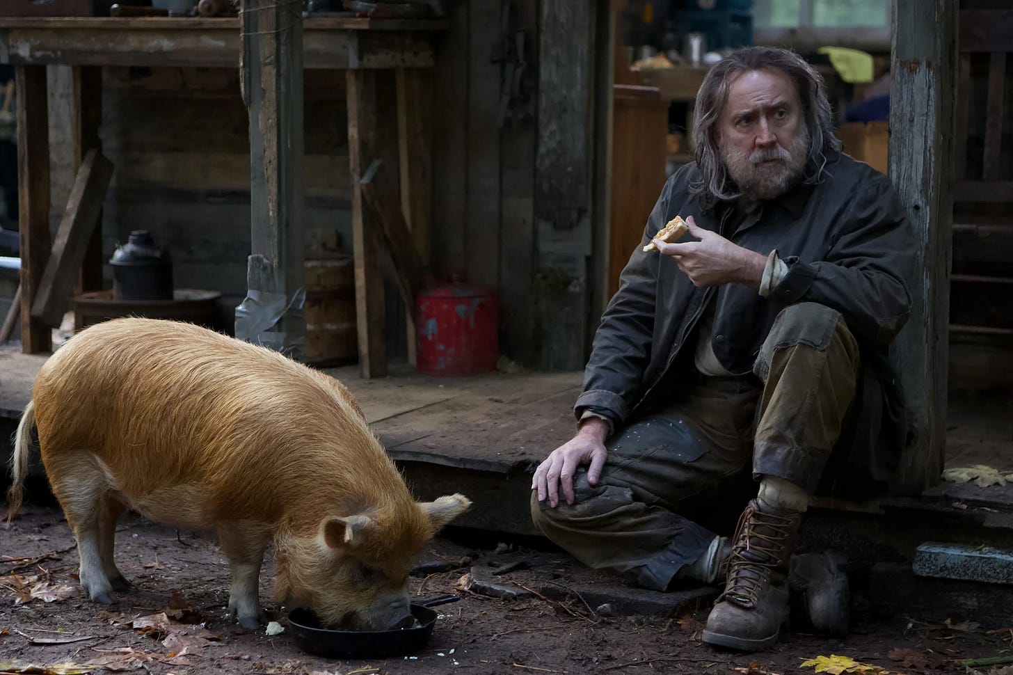 Nicolas Cage and friend in Michael Sarnoski's 2021 drama Pig Nicolas Cage and friend in Michael Sarnoski's 2021 drama Pig