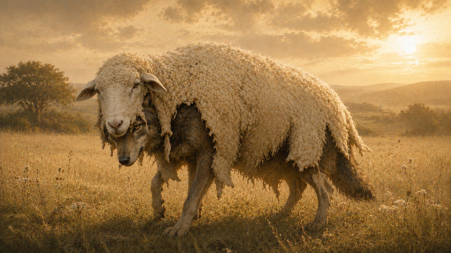 A 16:9 painterly surreal image of a wolf clumsily wearing a loose sheepskin and sheep mask in a warm golden meadow. The disguise hangs awkwardly over the wolf’s body, with the wolf’s face partly visible beneath the sheep’s head. The scene is calm and cinematic, with soft late-afternoon light, muted ochre grass, distant hills, and a slightly unsettling contrast between the gentle costume and the hidden predator.