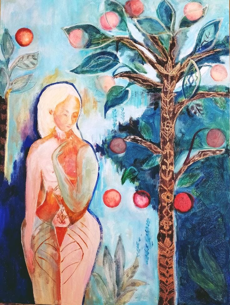 This may contain: a painting of a woman standing next to a tree with fruit on it's branches