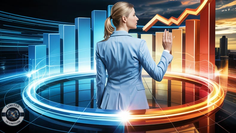 A blonde-haired businesss womans in a light blue suit jacket is standing in front of a blue and orange grapho with a circle of light and and arrow that indicates growth upward.