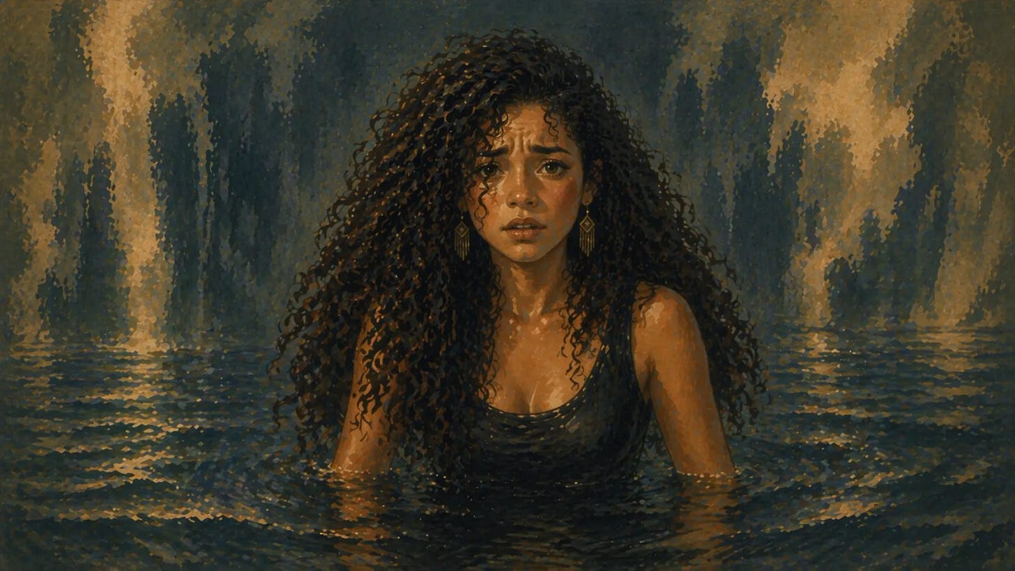 Young Mexican American woman stands waist-deep in dark water, her expression fearful as ripples spread around her in a shadowed space.