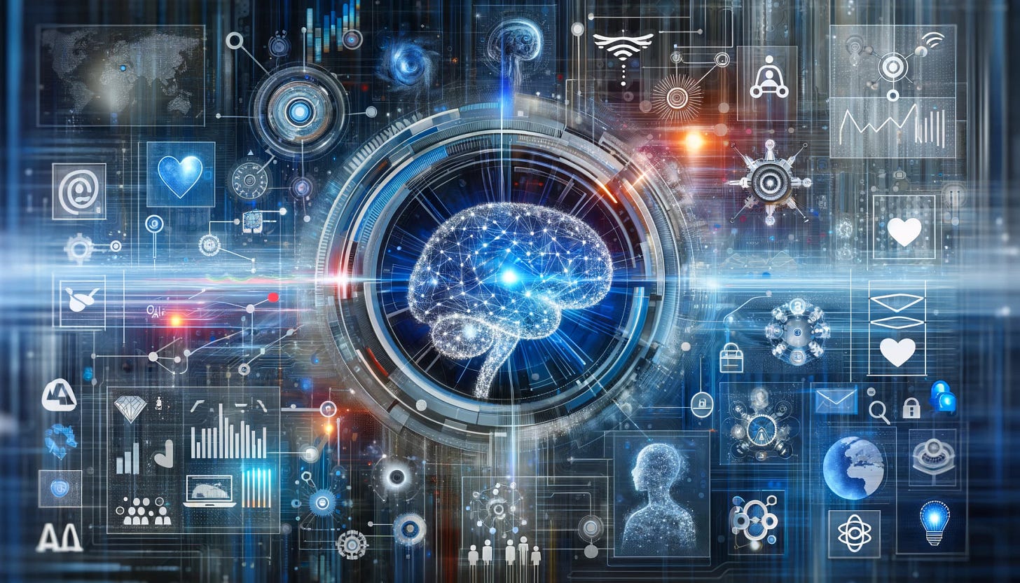 A visually compelling and professional image representing the integration of Artificial Intelligence (AI) in business. The image should depict a futuristic, innovative theme, with elements like a digital landscape, AI brain or network, and symbols of various industries like healthcare, finance, and retail. The overall look should be sophisticated and appealing to a business audience, capturing the essence of AI transforming the business world. The color scheme should be modern and tech-oriented, with blues, silvers, and subtle hints of vibrant colors to add dynamism.