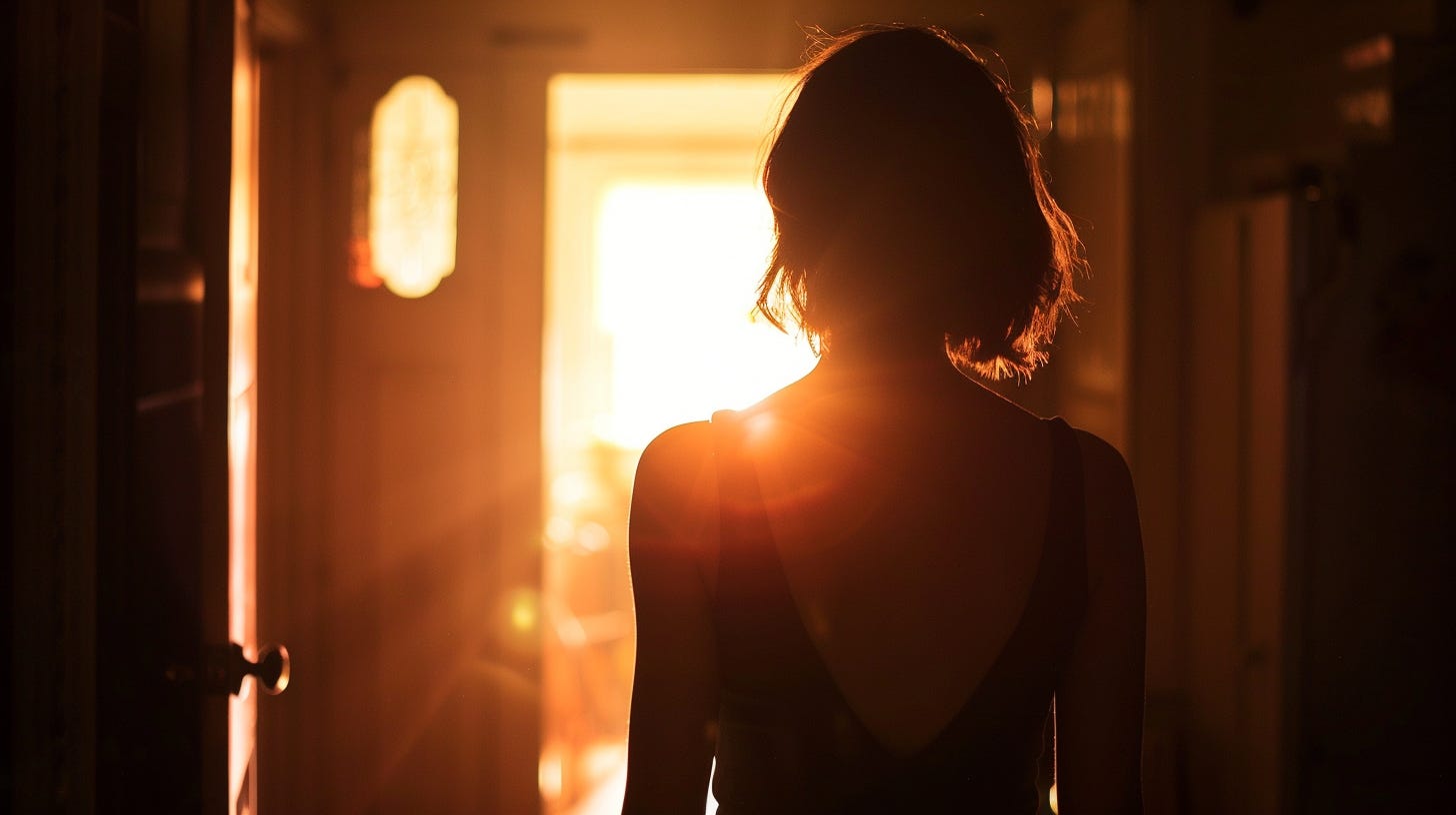 Woman silhouetted in doorway, warm golden light streaming through from beyond, contemplative mood