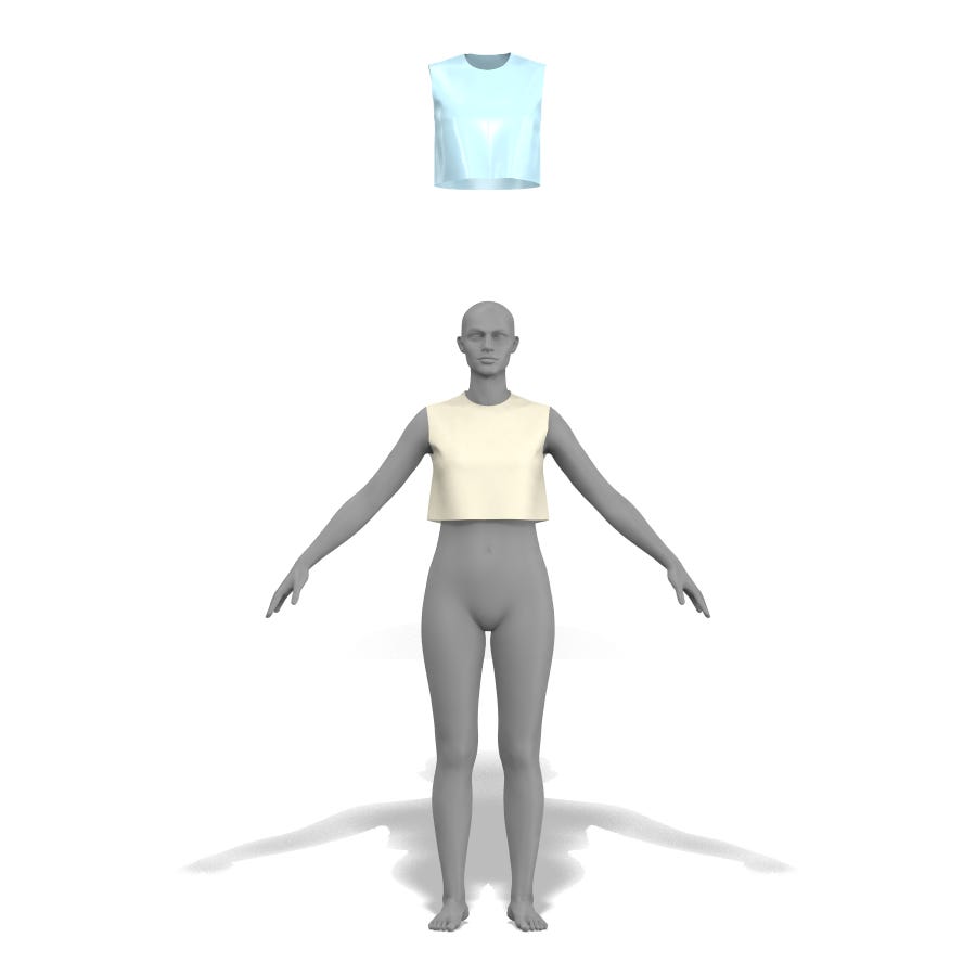 A CLO3D simulation showing a sleeveless block bodice rendered in two views — a small blue version floating above, and a larger cream version dressed on a gray female avatar, both showing clean tension across the chest with no wrinkles or pulls.