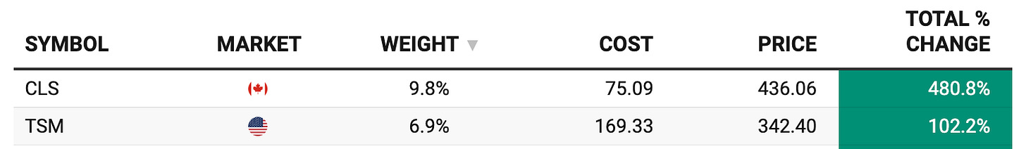 Beating The Tide portfolio table showing top holdings and performance: Celestica (CLS) up 480.8% and TSMC (TSM ADR) up 102.2%, with portfolio weights, cost basis, and current price.