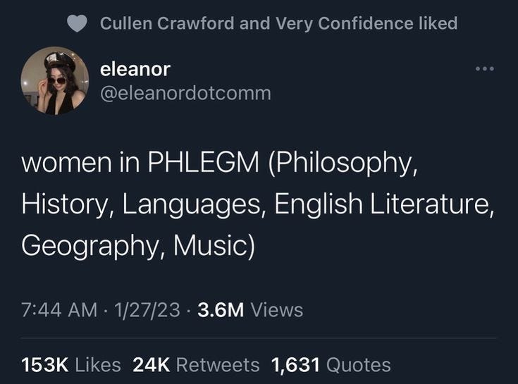 This may contain: the tweet is posted on twitter for women in phlegm philosophy, history, languages, and literature