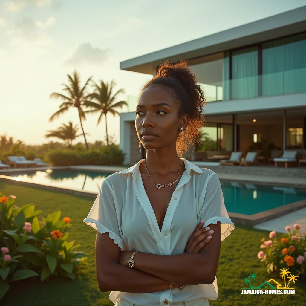 A youthful, intelligent, and affluent Jamaican landowner, dressed in elegant island attire, stands contemplatively in front of her sleek, modern Caribbean villa, its architecture a blend of tropical and contemporary styles, with lush greenery and vibrant flowers surrounding the property.