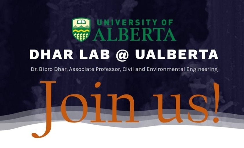 可能是包含下列内容的图片：上面的文字是“SEEER DHAR LAB @ UALBERTA Dr. Bipro Dhar, Associate Professor, Civil and Environmental Engineering Join us!”