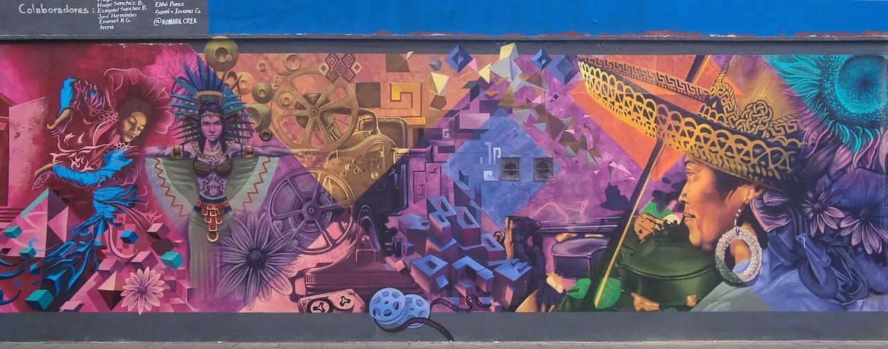 A large colourful mural on a wall