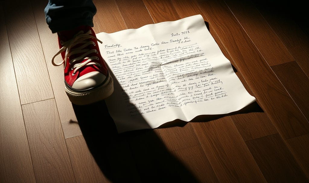 Close-up of a red Converse sneaker stepping off a crumpled, handwritten script lying on an old wooden stage floor, half-lit by a warm spotlight. The foot is walking away. Close-up of a red Converse sneaker stepping off a crumpled, handwritten script lying on an old wooden stage floor, half-lit by a warm spotlight. The foot is walking away.