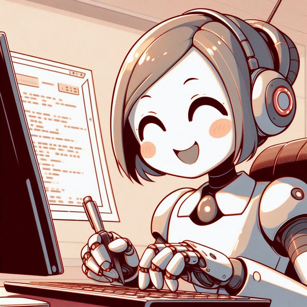 A stylized anime-inspired portrait of a cheerful robot writing on a pc