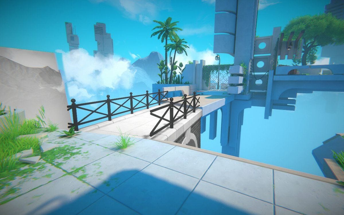 The player observes a newly formed bridge in Viewfinder, after placing a black-and-white photo of a bridge in a floating position