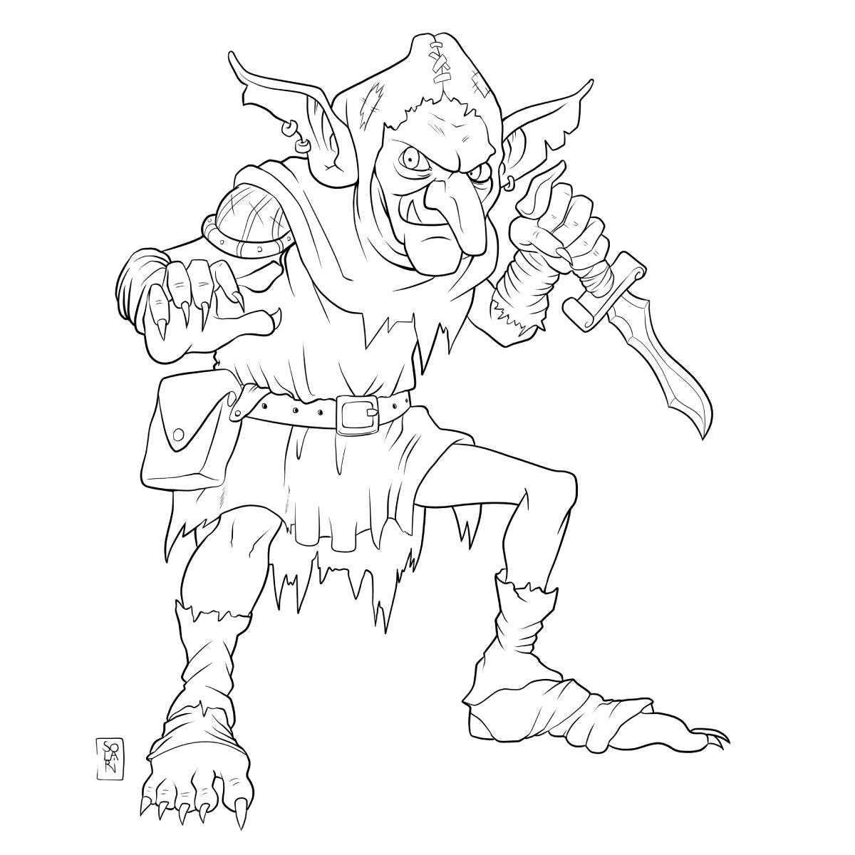 The illustration of a trickster goblin, with a hood and a curved dagger.