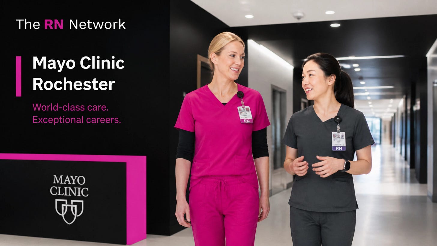 Two nurses in bold pink and neutral scrubs collaborating in a modern academic medical center hallway with the official RN Network logo Two nurses in bold pink and neutral scrubs collaborating in a modern academic medical center hallway with the official RN Network logo