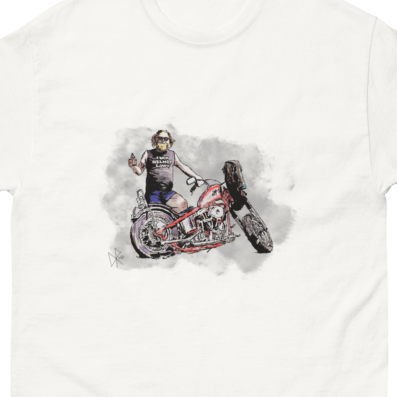 A standing bikerider poses by his motorcycle, beer in his hand, wearing a t-shirt that reads ‘Fuck Helmet Laws’. Sketch art by Don Rice. A standing bikerider poses by his motorcycle, beer in his hand, wearing a t-shirt that reads ‘Fuck Helmet Laws’. Sketch art by Don Rice.