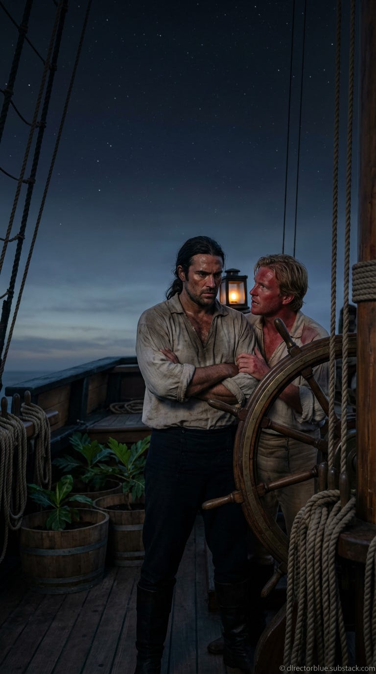 wonderful - same subject next image - IMAGE PROMPT FOR UNIVERSITY WORLD HISTORY CLASS H102 Photorealistic hyper-detailed 9x16 vertical image Pre-dawn scene on the quarterdeck of HMS Bounty the sky beginning to show the faintest gray-blue hin_image_1