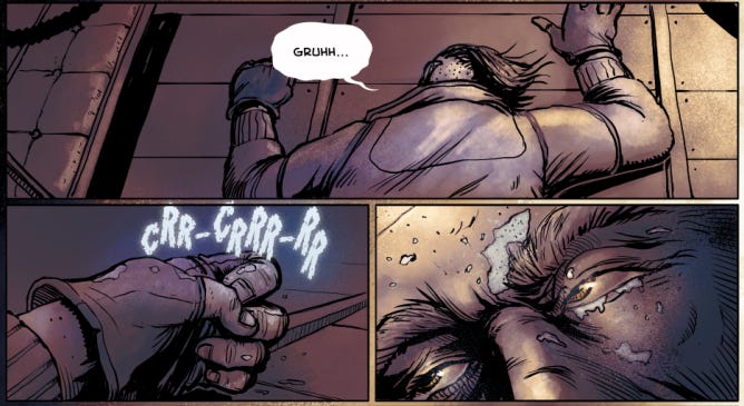 sample image of the comic depicting Armatus laying on the ground grunting and cracking his frozen knuckles