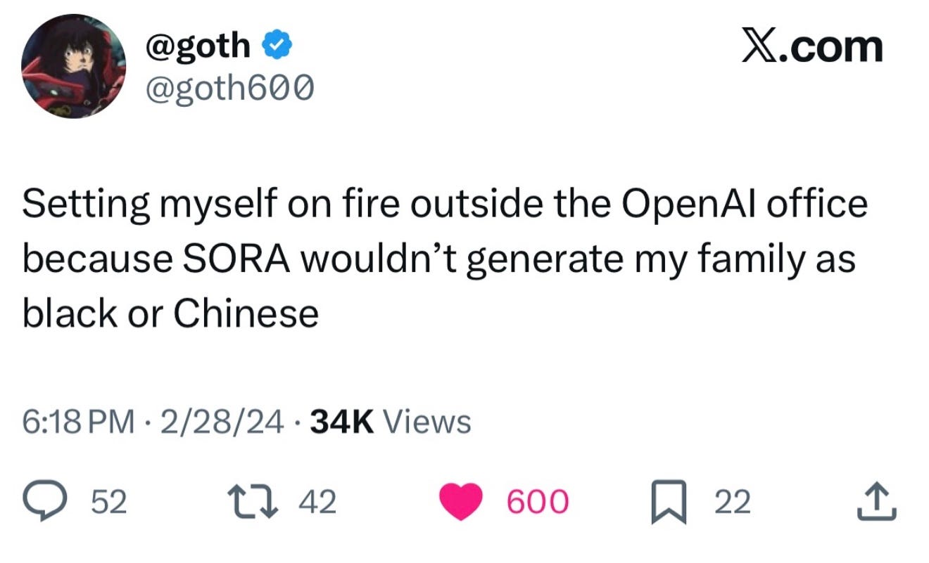 Screengrab of a tweet with the caption Setting myself on fire outside the OpenAl office because SORA wouldn't generate my family as black or Chinese