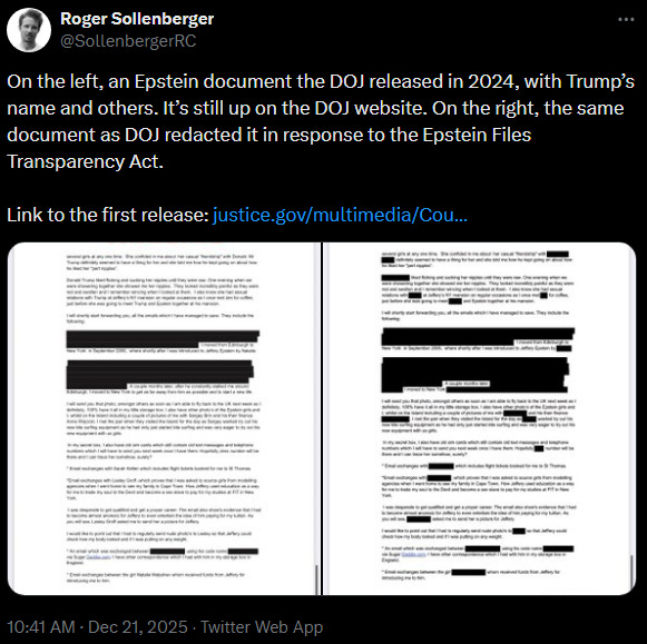 Roger Sollenberger: On the left, an Epstein document the DOJ released in 2024, with Trump’s name and others. It’s still up on the DOJ website. On the right, the same document as DOJ redacted it in response to the Epstein Files Transparency Act.