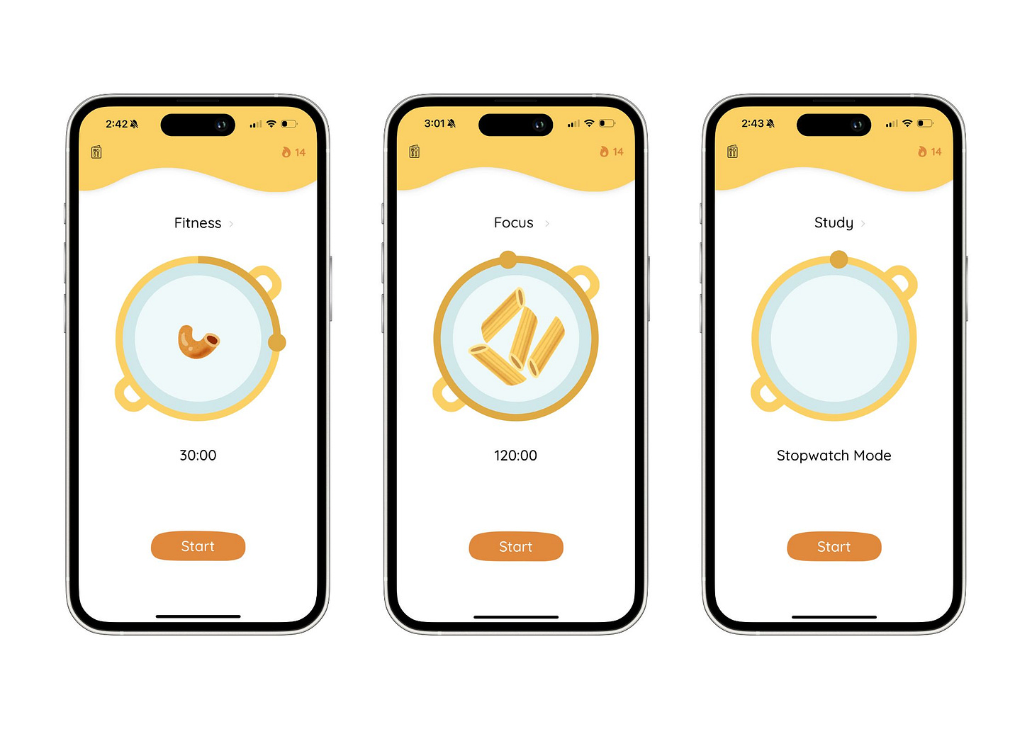 Screenshots of FocusPasta homepage, showing the screen when 30 minutes, 120 minutes or stopwatch mode is selected