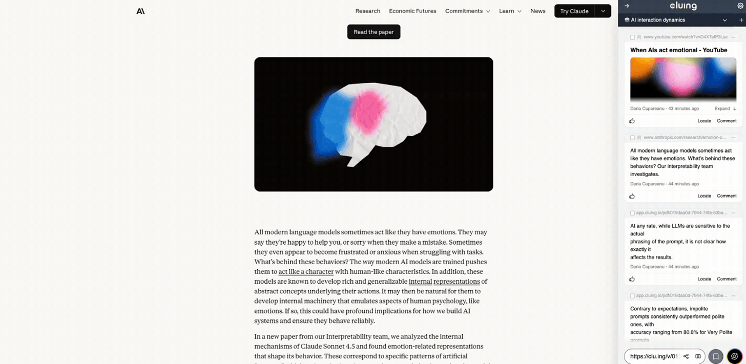 GIF showing text and ideas being highlighted on a web page and saved as snippets into a Cluing research project to organize insights