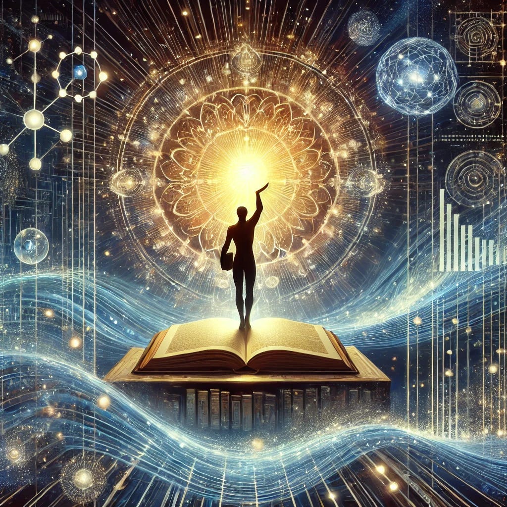 A powerful, symbolic image for the About page of Intellectual Enlightenment Magazine. Depict a human figure holding a radiant orb of knowledge, standing on a platform above flowing digital data streams and cosmic light patterns. Surround the figure with books, glowing thought networks, and subtle AI motifs. Use a palette of deep blue, gold, and silver to evoke wisdom, synthesis, and higher consciousness. The overall tone should be inspiring, modern, and intellectually profound—ideal for a philosophical magazine and newsletter branding. A powerful, symbolic image for the About page of Intellectual Enlightenment Magazine. Depict a human figure holding a radiant orb of knowledge, standing on a platform above flowing digital data streams and cosmic light patterns. Surround the figure with books, glowing thought networks, and subtle AI motifs. Use a palette of deep blue, gold, and silver to evoke wisdom, synthesis, and higher consciousness. The overall tone should be inspiring, modern, and intellectually profound—ideal for a philosophical magazine and newsletter branding.