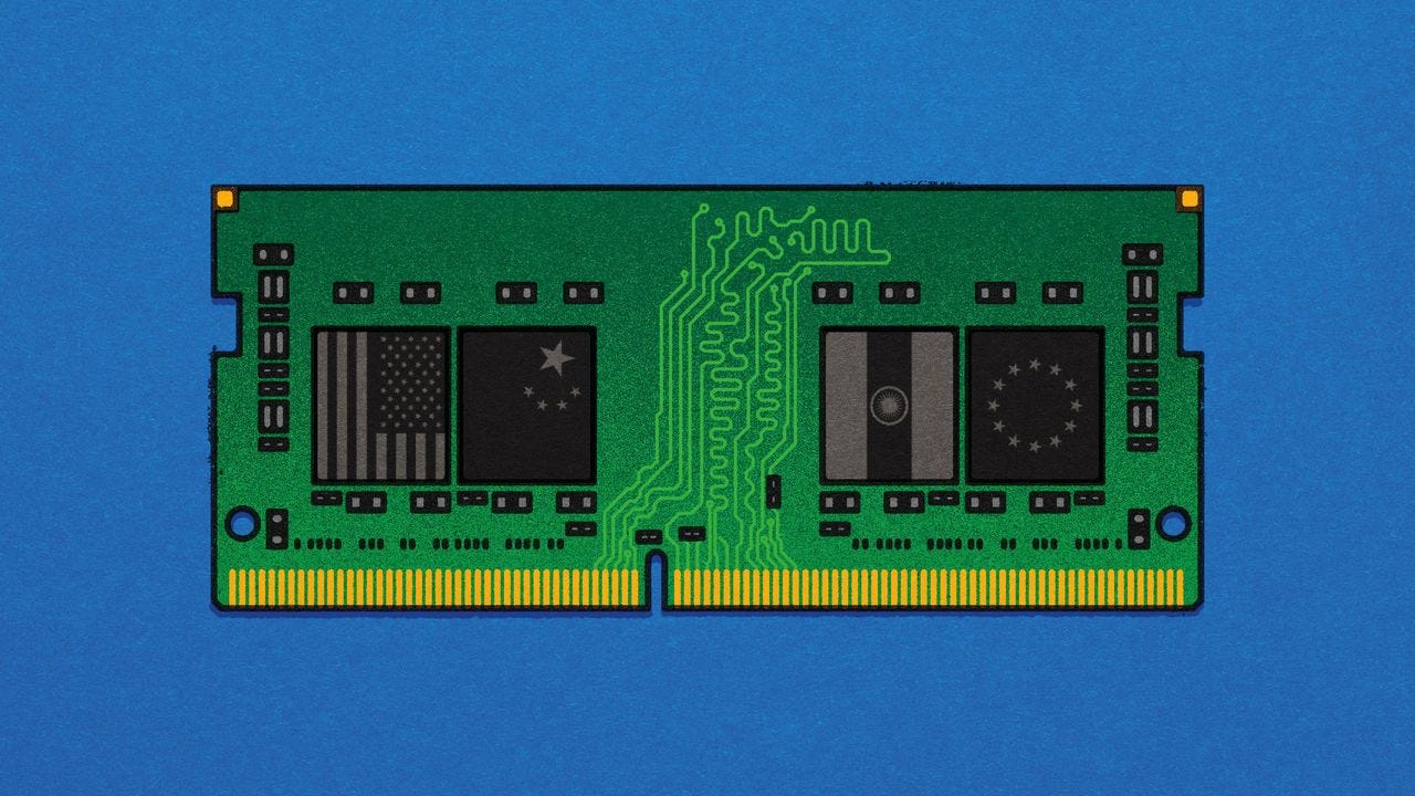 A motherboard illustration with various national flags (US, China, India, EU) integrated as different components, symbolizing global diversity and collaboration in technology.